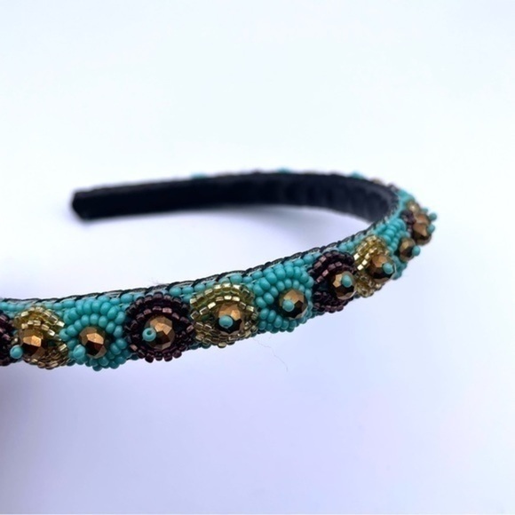 Beaded Headband Turquoise Blue Glass Beads Handmade In Guatemala - Picture 2 of 5